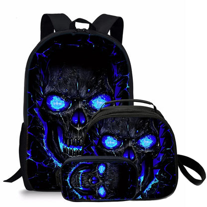 Unisex Three-Piece Set Skull Printed Student Backpack Pencil Bag Lunch Bag Zipper Closure Fashionable Waterproof Polyester