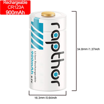 Rapthor 8 Pack 3.7V 900mAh Rechargeable CR123A Lithium Batteries with Charger Compatible with Arlo Cameras Flashlights Sensors