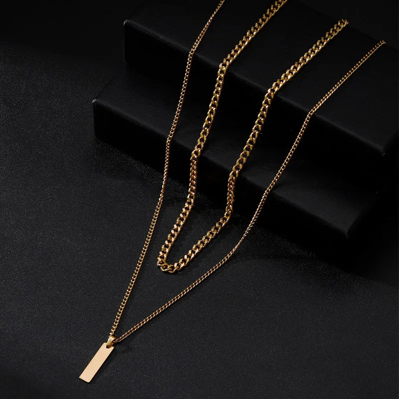 2PCS Unisex Stainless Steel Minimalist Multi-Color Simple Rectangular Pendant Necklace with Snake Chain Chokers Necklaces