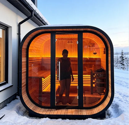 Premium Solid Wood outdoor cube sauna Tradition L-Shaped Double-Tiered Bench black sauna room with 220-240V sauna stove