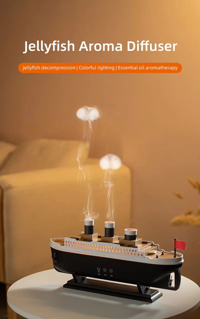 2025 Electric Ship Diffuser Humidifier Ultrasonic Essential Oil Jellyfish Diffuser Desktop Smart Home Boat Diffuser for Office