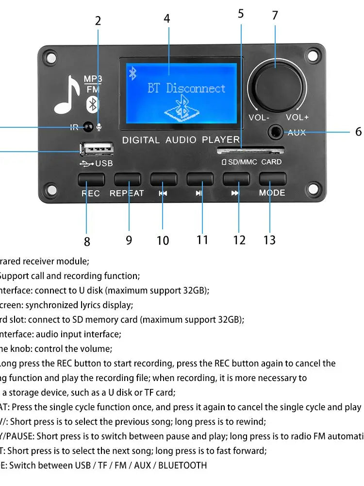 High Quality Digital Audio Player Module MP3 Decoder Board USB SD BT Music Player Board Record FM Link in
