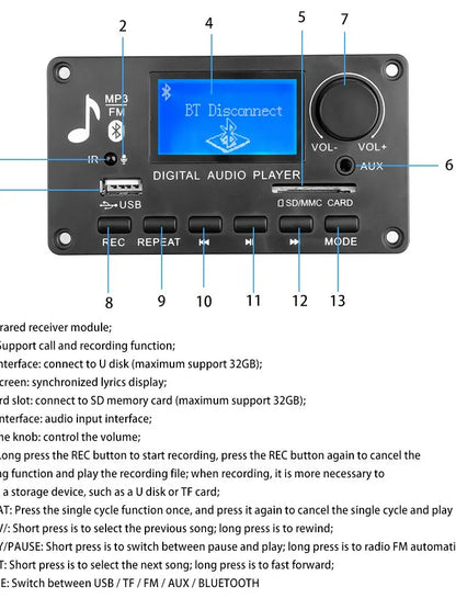 High Quality Digital Audio Player Module MP3 Decoder Board USB SD BT Music Player Board Record FM Link in