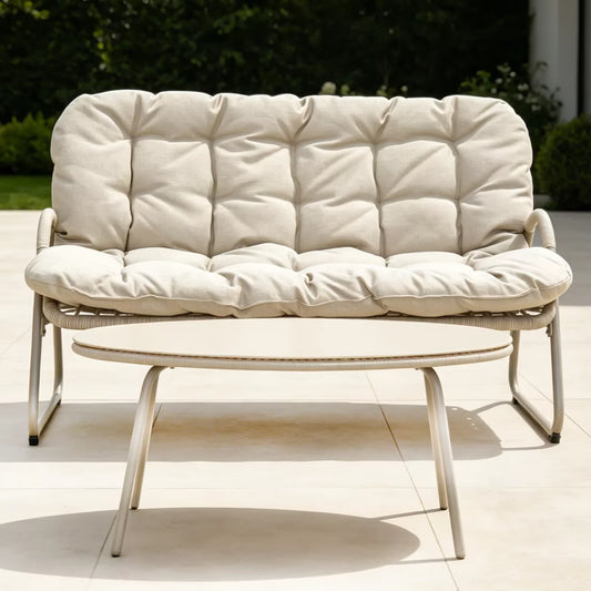 Modern Eco-Friendly Durable Outdoor Loveseat Coffee Table Set All-Weather Metal Frame Patio Conversation Thick Cushions Garden