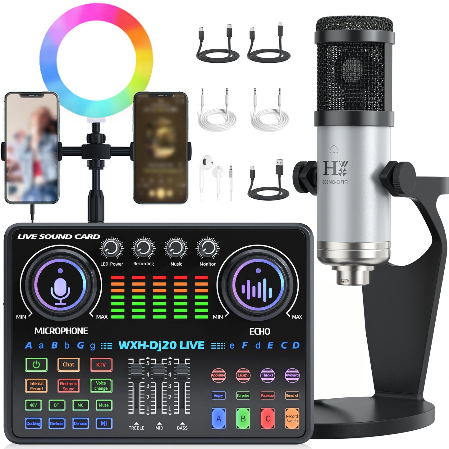 DJ20 Live Sound Card Audio Mixer 48V Capacitive Microphone Sound Card Full Set Mobile Phone Live Streaming Karaoke Sound Card