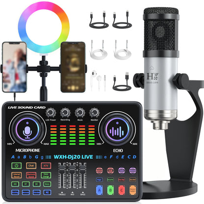DJ20 Live Sound Card Audio Mixer 48V Capacitive Microphone Sound Card Full Set Mobile Phone Live Streaming Karaoke Sound Card