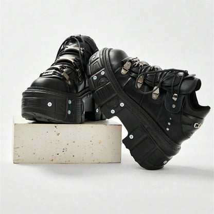 Punk Style Women's Black Shoes Rock Metal Decor Lace-up Platform Shoes Gothic Man's Leather Boots