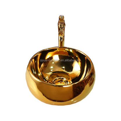 High Quality Golden Plating Round Countertop Sink Ceramic Bathroom Gold Color Wash Basin