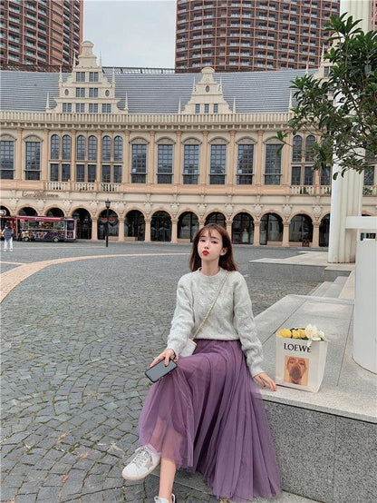 TingYiLi Elegant Tulle Skirt Autumn Winter Big Swing Women Skirt Korean Cute Pink Green Gray Blue Brown Black Long Skirt Tutu