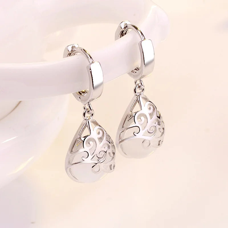 White Tibetan Silver Drop Earrings Water Drop Shape Vintage Style Women Party Jewelry Alloy Silver Plated Fashion