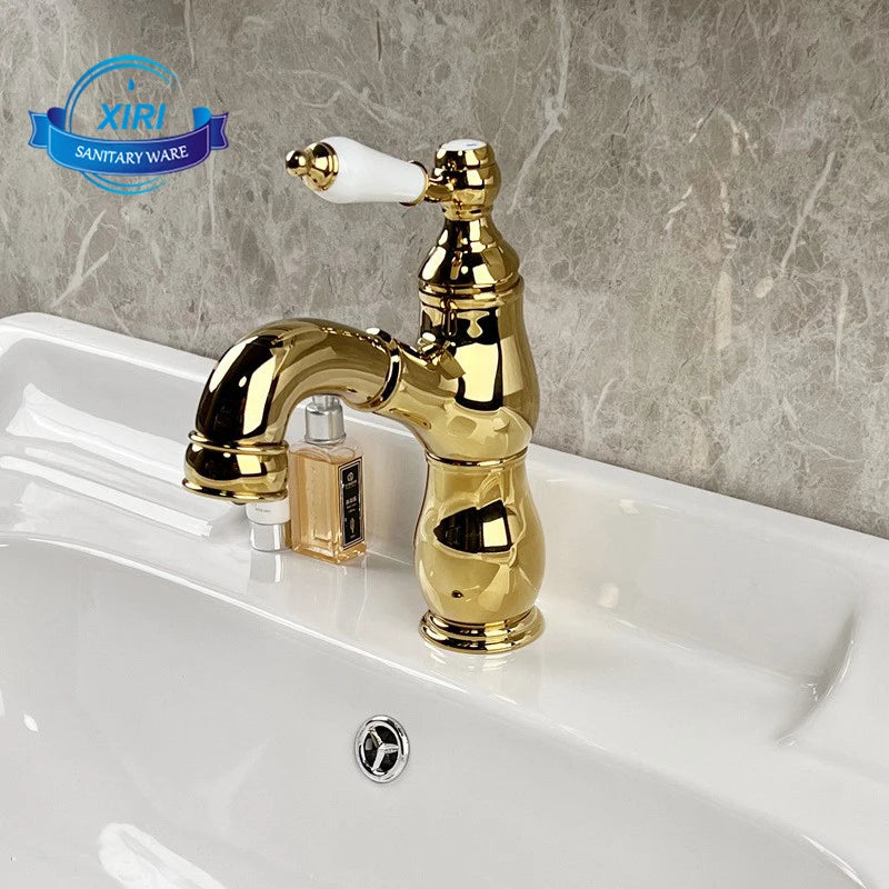 Brass French Retro Style Pull-Out Basin Faucet Hotel Bathroom Cabinet Ceramic Handle Hot and Cold Mixer Tap  BF0428