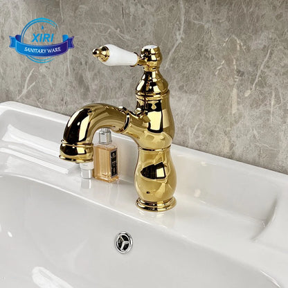 Brass French Retro Style Pull-Out Basin Faucet Hotel Bathroom Cabinet Ceramic Handle Hot and Cold Mixer Tap  BF0428