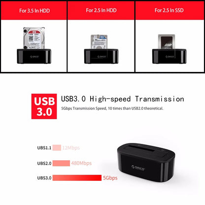ORICO Hard Drive Docking Station USB 3.0 To SATA HDD Docking Station for 2.5/3.5 Inch SATA HDD Enclosure and SSD Hard Drive Dock