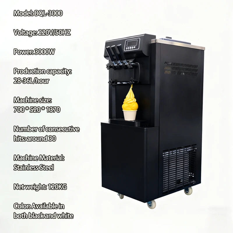 3 Flavors Ice Cream Maker 28-36L/H Fully Automatic Soft Ice Cream Machine with Two Compressor Precooling and Hopper Mixer