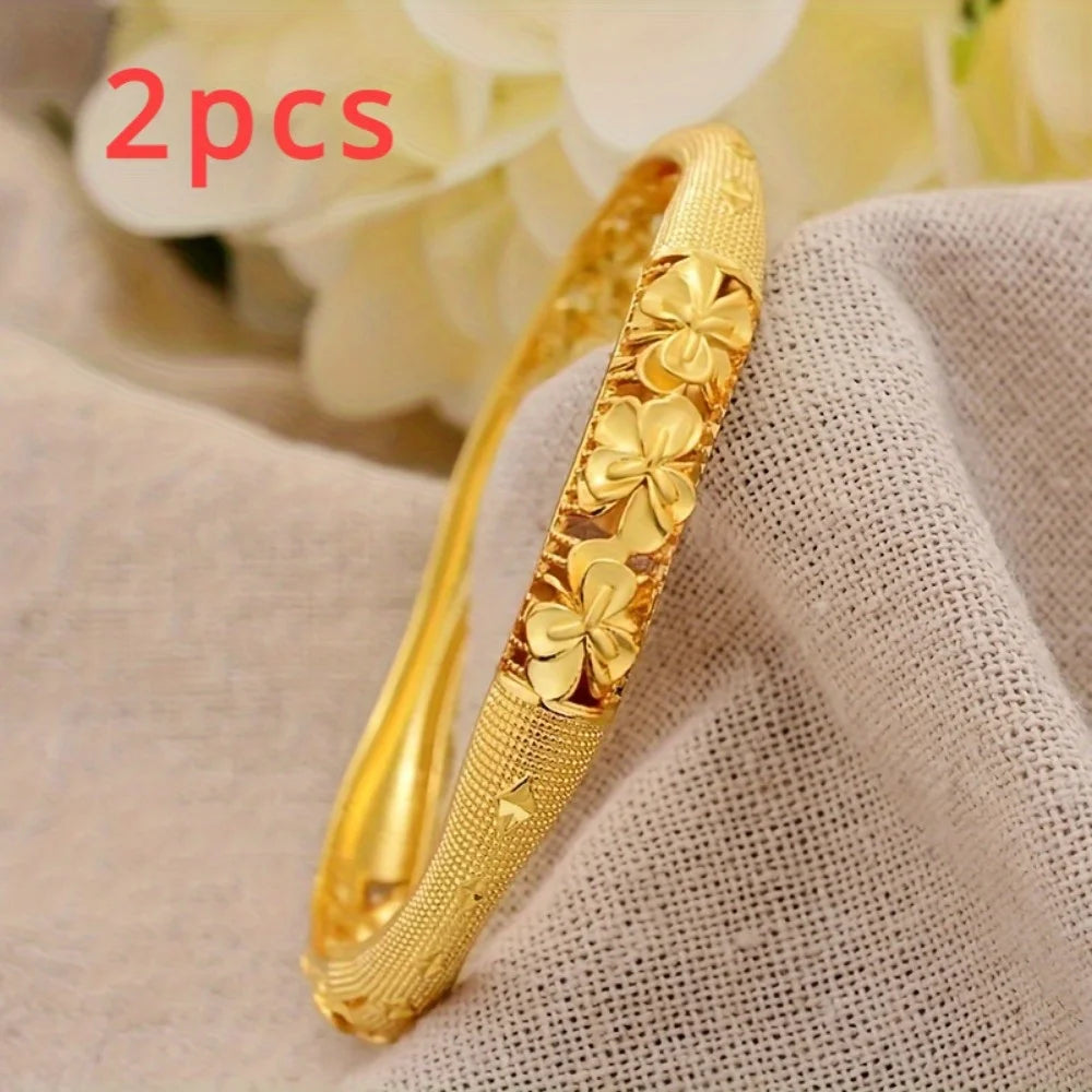 2pcs Elegant Plated Open Bangle Bracelet for Women - Luxurious Ethnic-Inspired Design, Ideal for Bridal Special Occasions