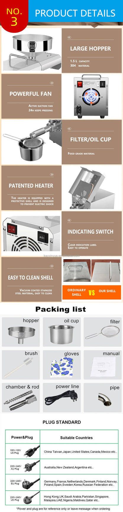 Automatic Home Use Cold Press Oil Machine Coconut Oil Extractor Automatic Grade for Olive Sesame Oil for Cooking Edible Purpose