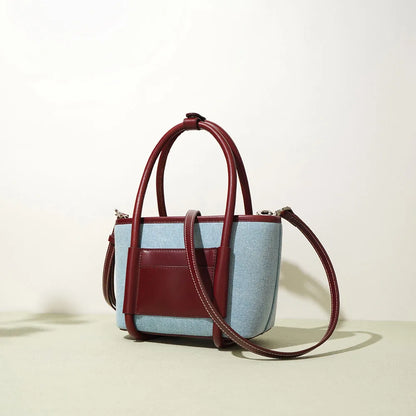 Genuine Leather and Denim Tone Bucket Bag Blue Wine Red Contrast Color Handbag Top Zipper Closure Multi Pocket Purse for Daily