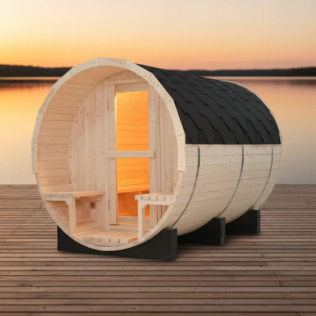 6-Person Outdoor Barrel Sauna with Steam Generator | All-in-One Premium White Pine Home Spa Kit