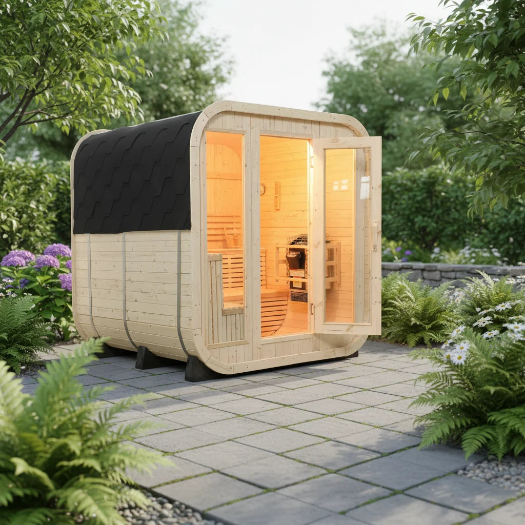 In Stock & 10% OFF: Luxury 2M Canadian White Pine Cube Sauna - Steel & Glass Frame, Backyard Spa Retreat