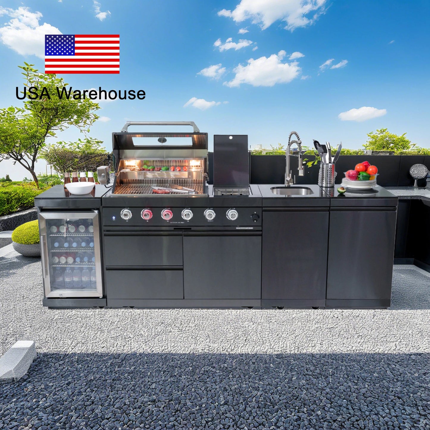 Stock in USA Modern Black 304 Stainless Steel Mobile Gas Grill Bbq Modular Outdoor Kitchen Island for Patio