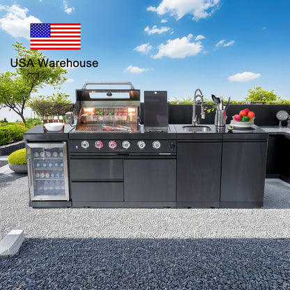 Stock in USA Modern Black 304 Stainless Steel Mobile Gas Grill Bbq Modular Outdoor Kitchen Island for Patio