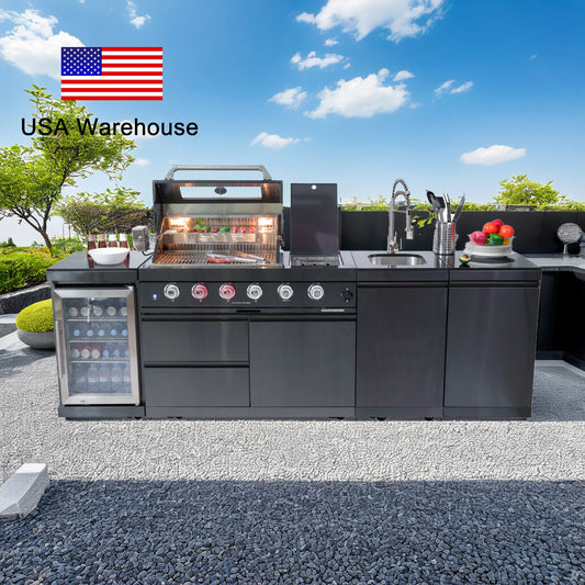 Stock in USA Modern Black 304 Stainless Steel Mobile Gas Grill Bbq Modular Outdoor Kitchen Island for Patio