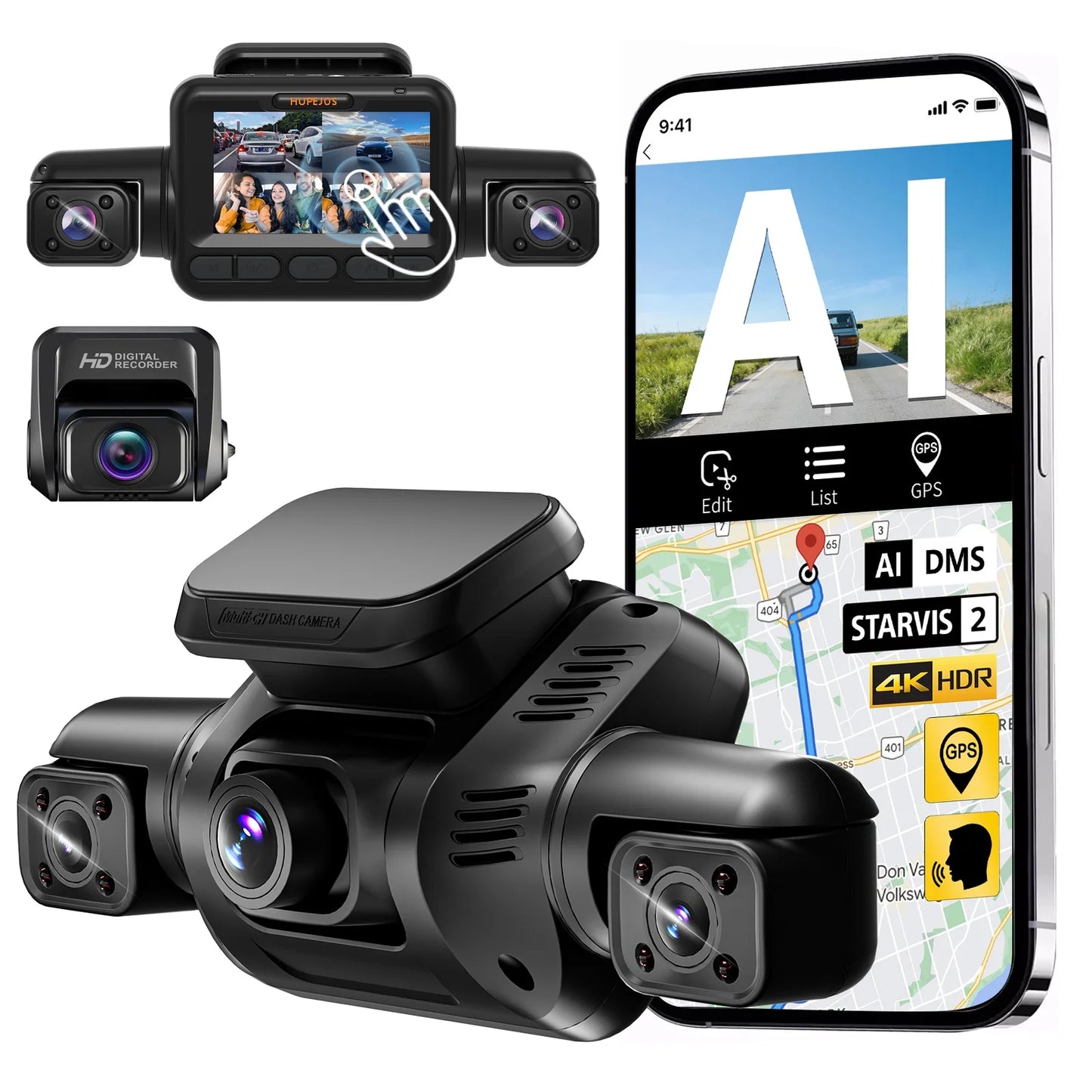 5 Channel Dash Cam Front Rear Left Right Car DVR 4K Dash Cam 360° Dash Cam Car Black Box with AI DMS 5G WiFi GPS CPL