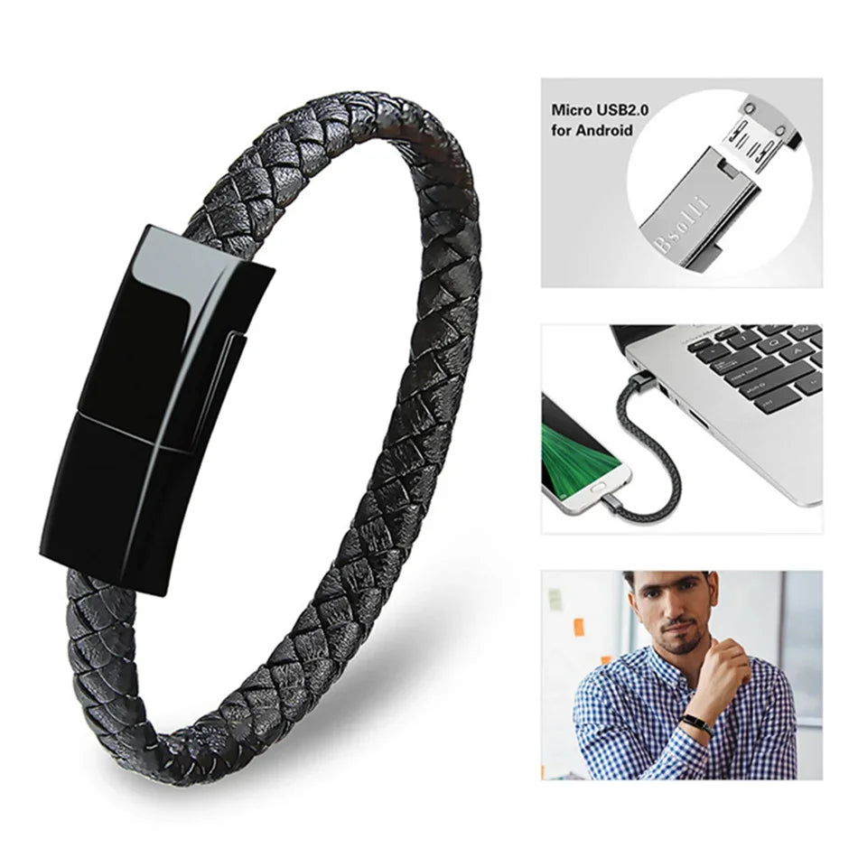 Leather Braided Bracelet Data Charger Bracelet for iPhone Android for Type C Cable Charger Bracelet