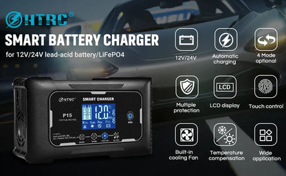 HTRC 12V/24V 15A/20A Car Battery Charger Smart Charger for Lead-Acid PB LiFePO4 Battery 7-Stage Automatic Car Motorcycle Charger