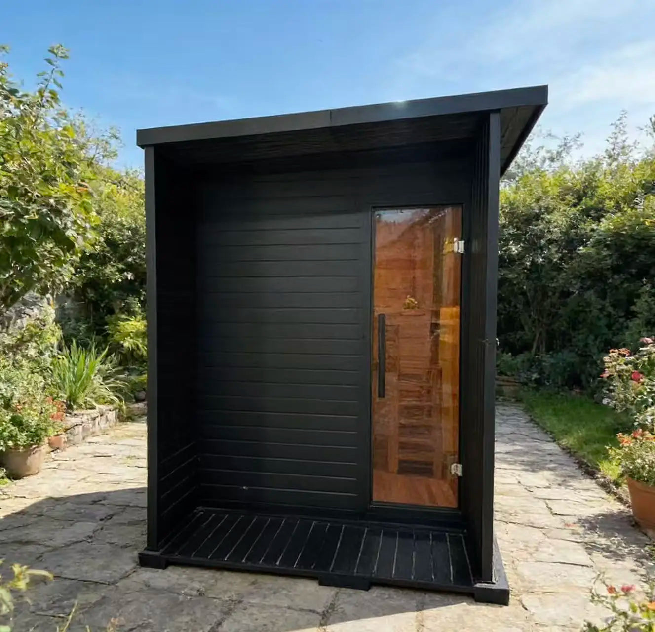 Comfortable 4 Person Outdoor Sauna Room Black Hemlock & Red Cedar Wooden  Dry Steam Sauna House with Electric Heater