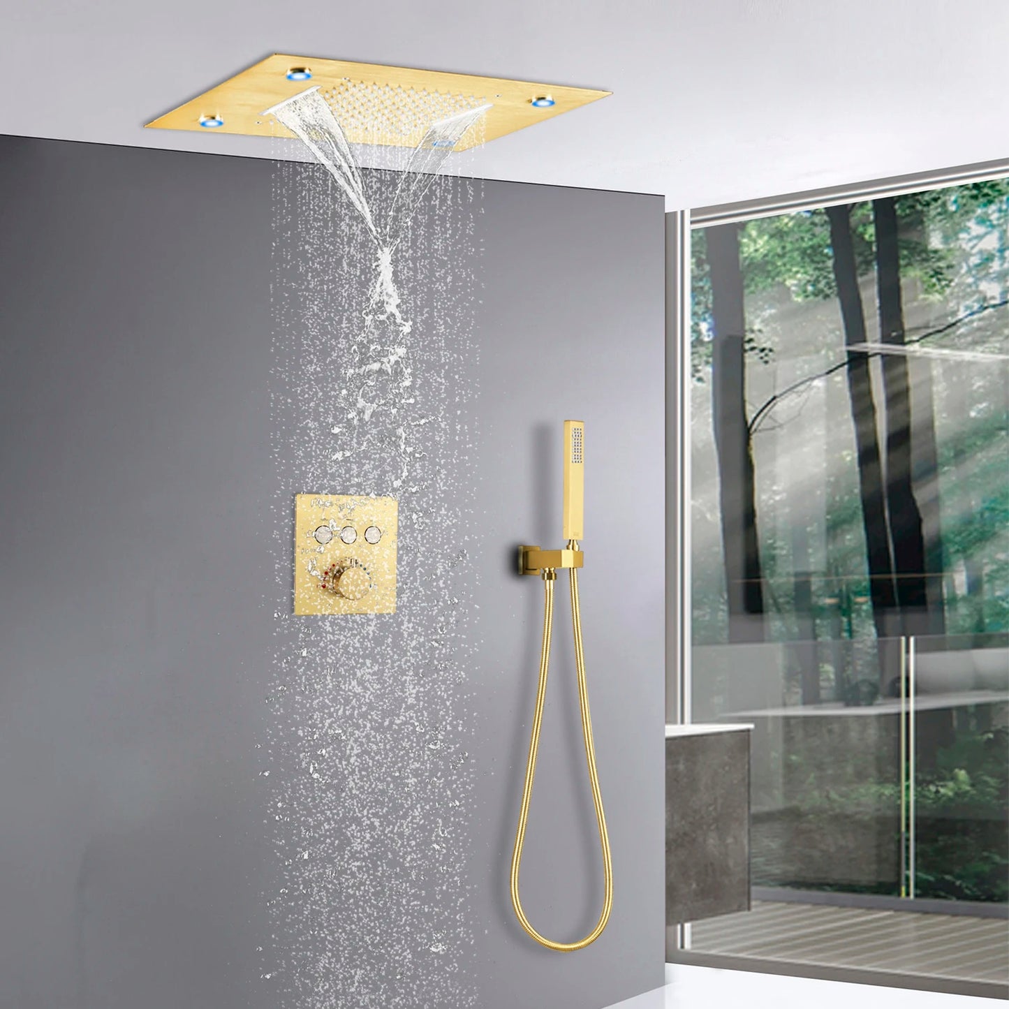 Ceiling Shower System 20x14 Inch Large LED Shower Head Rain Waterfall Bath Gold Faucets Set With Thermostatic Mixer Valve
