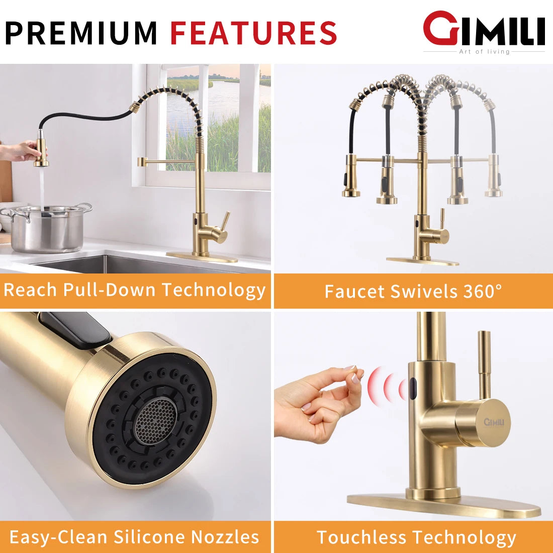 Luxury Single-Hole Kitchen Faucet Non-TOUCH Sensitive Brushed Gold  Ceramic Cartridge Sink Faucet with Pull Sprayer
