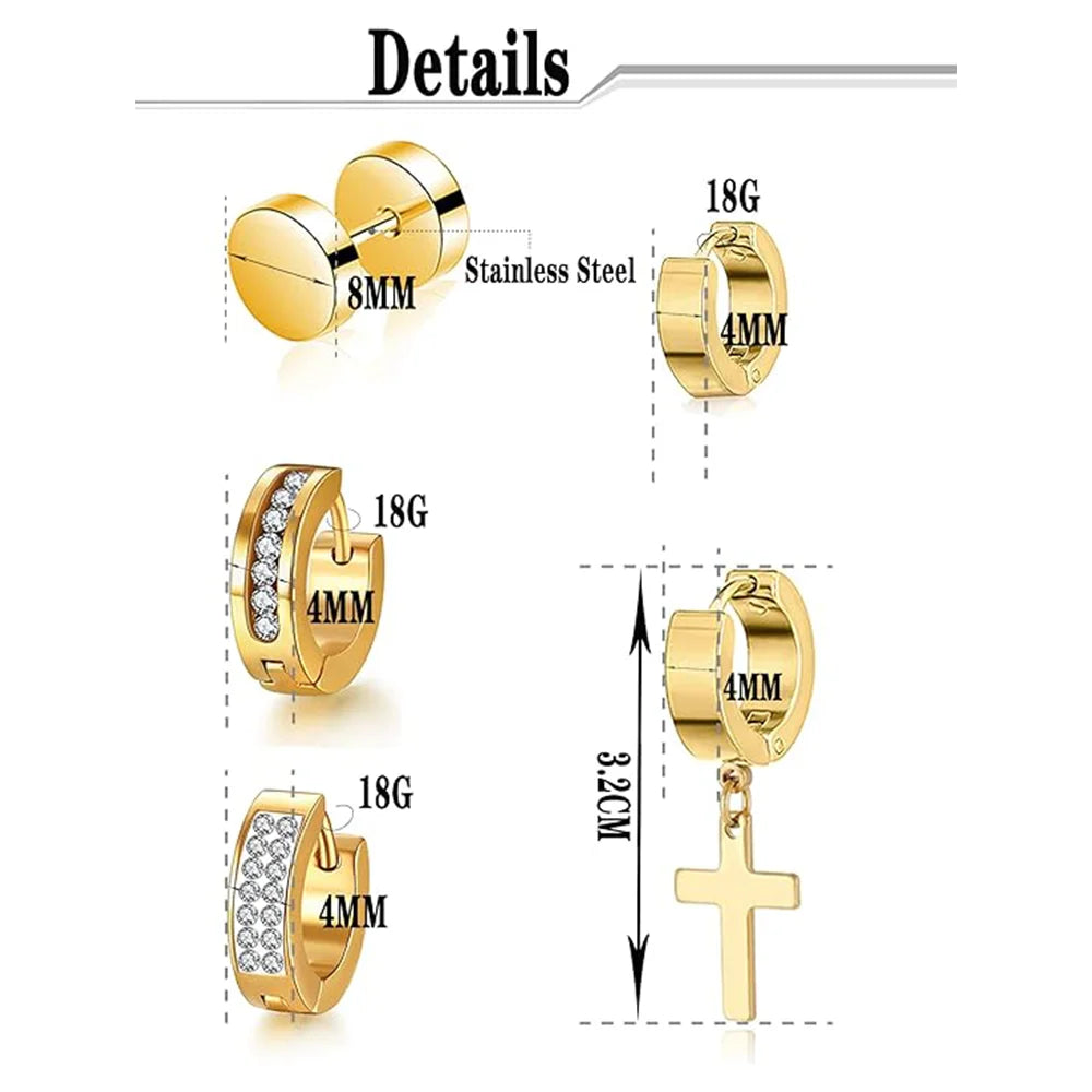 ZF 15 Pairs Stainless Steel Dangle Hinged Hoop Huggie CZ Stud Earrings Set for Men Women Piercing Jewelry Silver Black Gold Tone