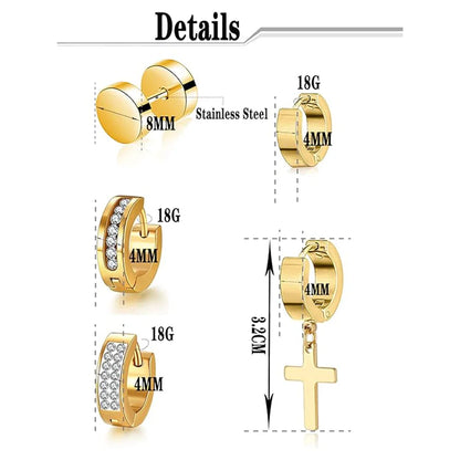 ZF 15 Pairs Stainless Steel Dangle Hinged Hoop Huggie CZ Stud Earrings Set for Men Women Piercing Jewelry Silver Black Gold Tone