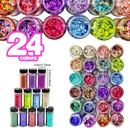 Hot Selling Solvent Resistance Mixed Chunky Glitter Bulk Nail Mugs Crafts Polyester Glitter in 2oz 24 Colors in Shaker