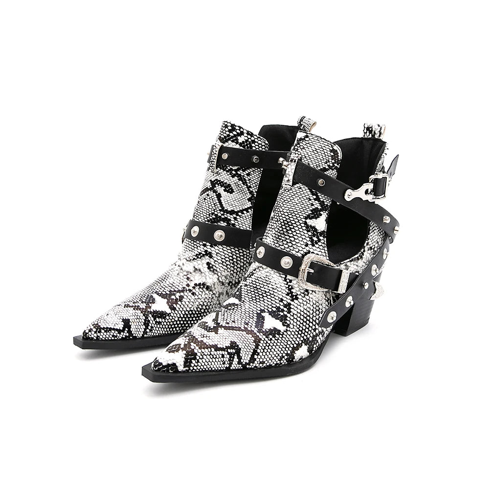Motorcycle Western Cowboy Boots Women Snake PU Leather Short Cossacks High Heels Pointed Cowgirl Booties Buckle Womens Shoes