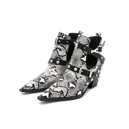Motorcycle Western Cowboy Boots Women Snake PU Leather Short Cossacks High Heels Pointed Cowgirl Booties Buckle Womens Shoes