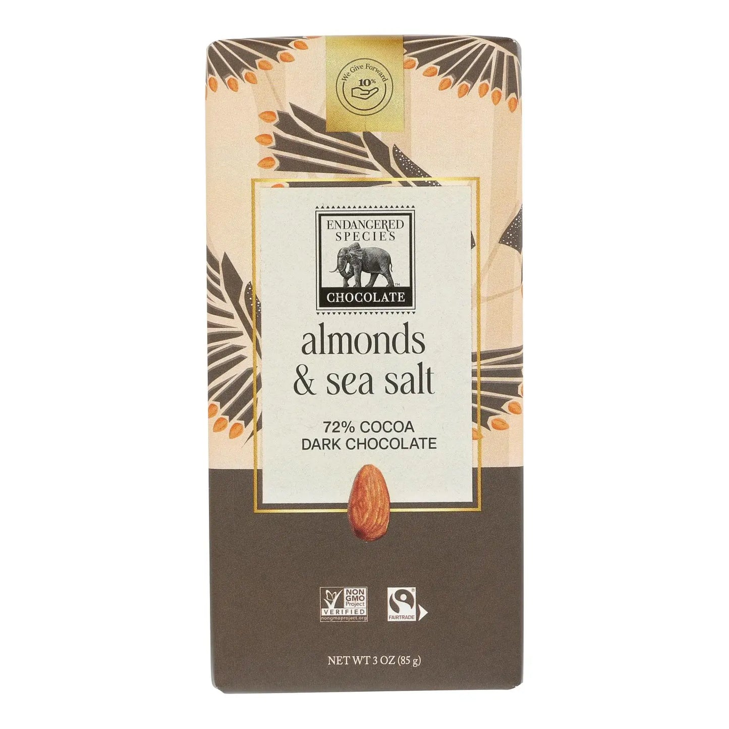 UD2 Natural Chocolate Bar 72% Cocoa Endangered Species Series-Dark Sea Salt Almonds 3 oz Solid Bulk Case of 12 Bars