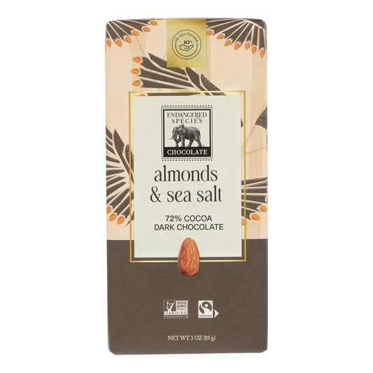 UD2 Natural Chocolate Bar 72% Cocoa Endangered Species Series-Dark Sea Salt Almonds 3 oz Solid Bulk Case of 12 Bars