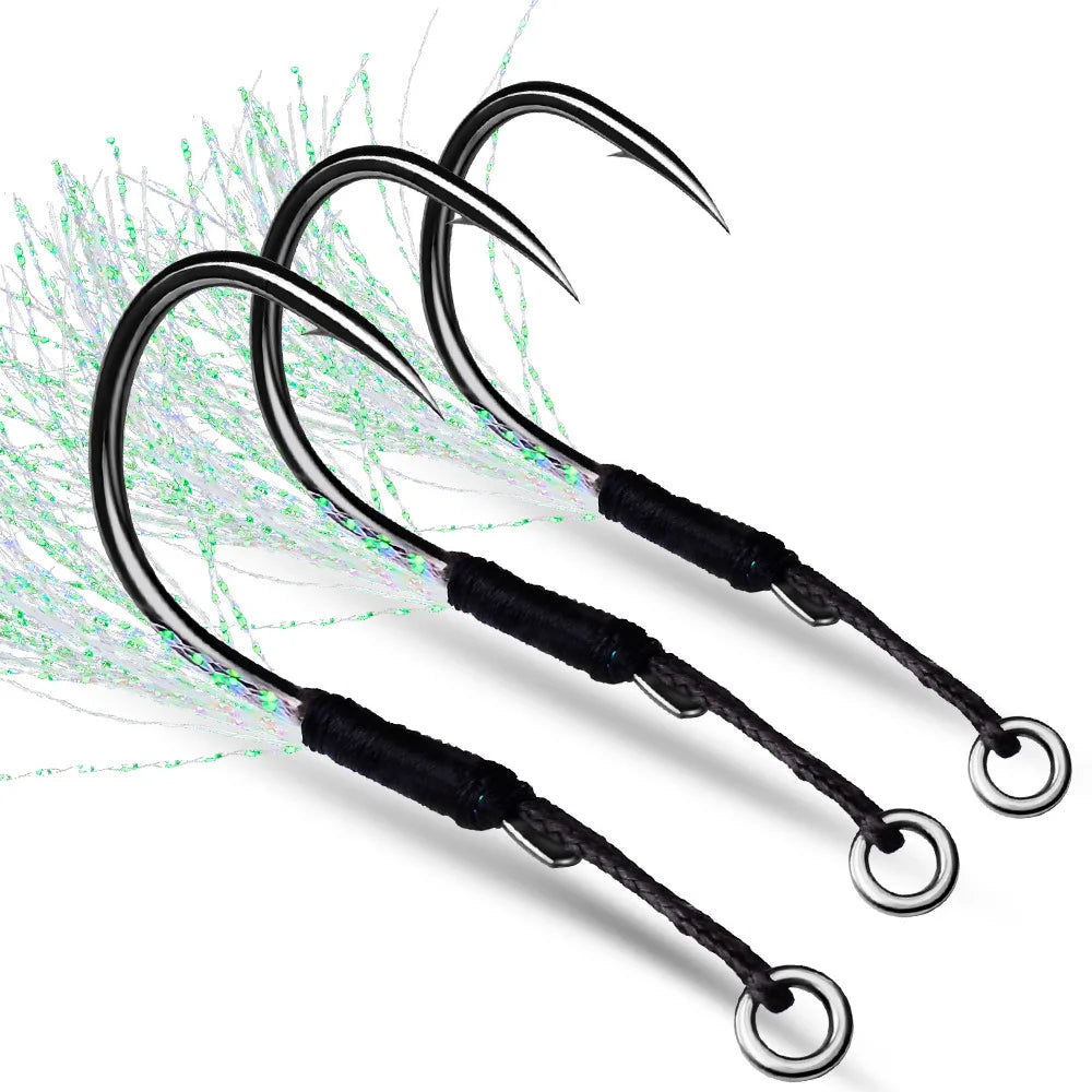 10pcs Fishing Assist Hooks 11#-19# Jigging Assist Hooks Single Fishing Assist Hooks with Bucktail with Feather
