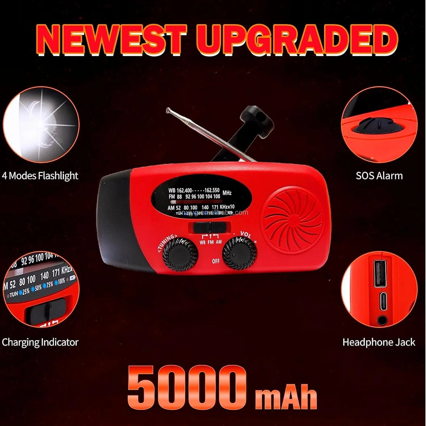 2000mAh / 5000mAh Portable Survival Crank Radio with 4 Modes Flashlight and Earphone Jack NOAA/FM/AM Solar Radios SOS Features