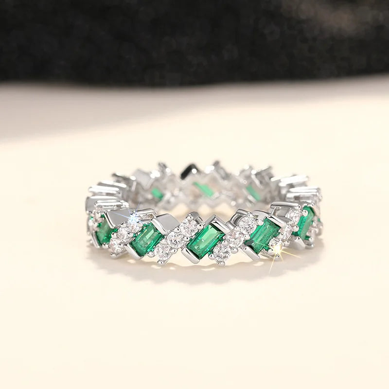 T0202 Emerald Silver Ring Geometric Design Engagement Unisex Jewelry