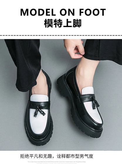 Thick Sole Classy Men Dress Shoes Black+White Color Handsome Wedding Tassels Loafer Shoes for Men