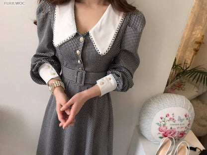 2021 Autumn Spring Basic Belt Plaid Shirt Dress Long Maxi Feminine Vestidos Chic Korea Design Clothes