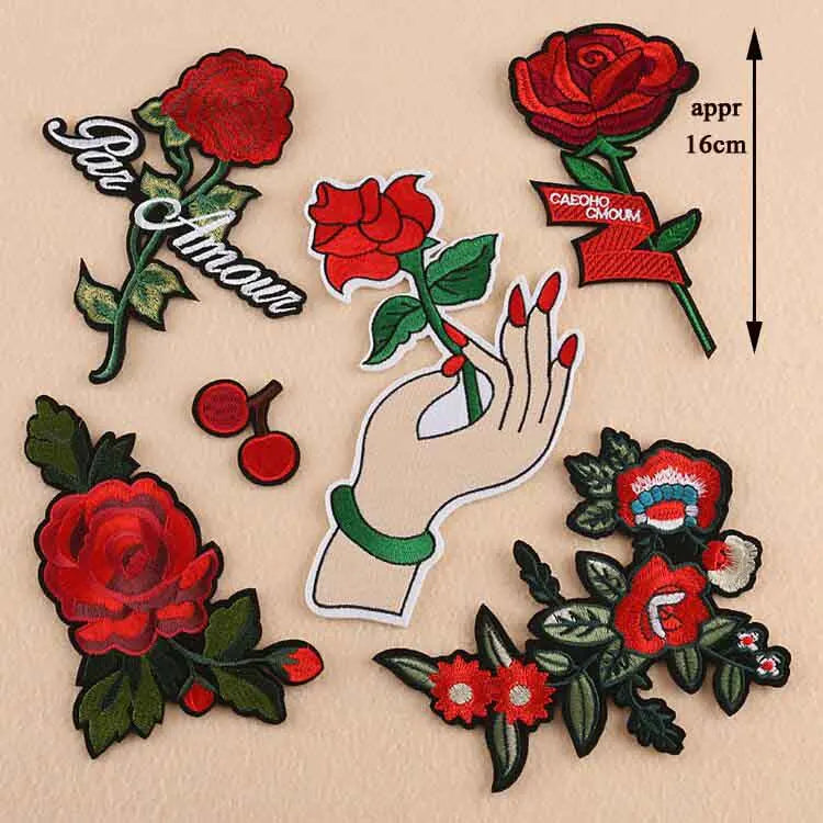 Black Flower Red Rose Embroidered Patch Iron On Patch Clothes Patch For Dress Hat Purse Clothing Woman