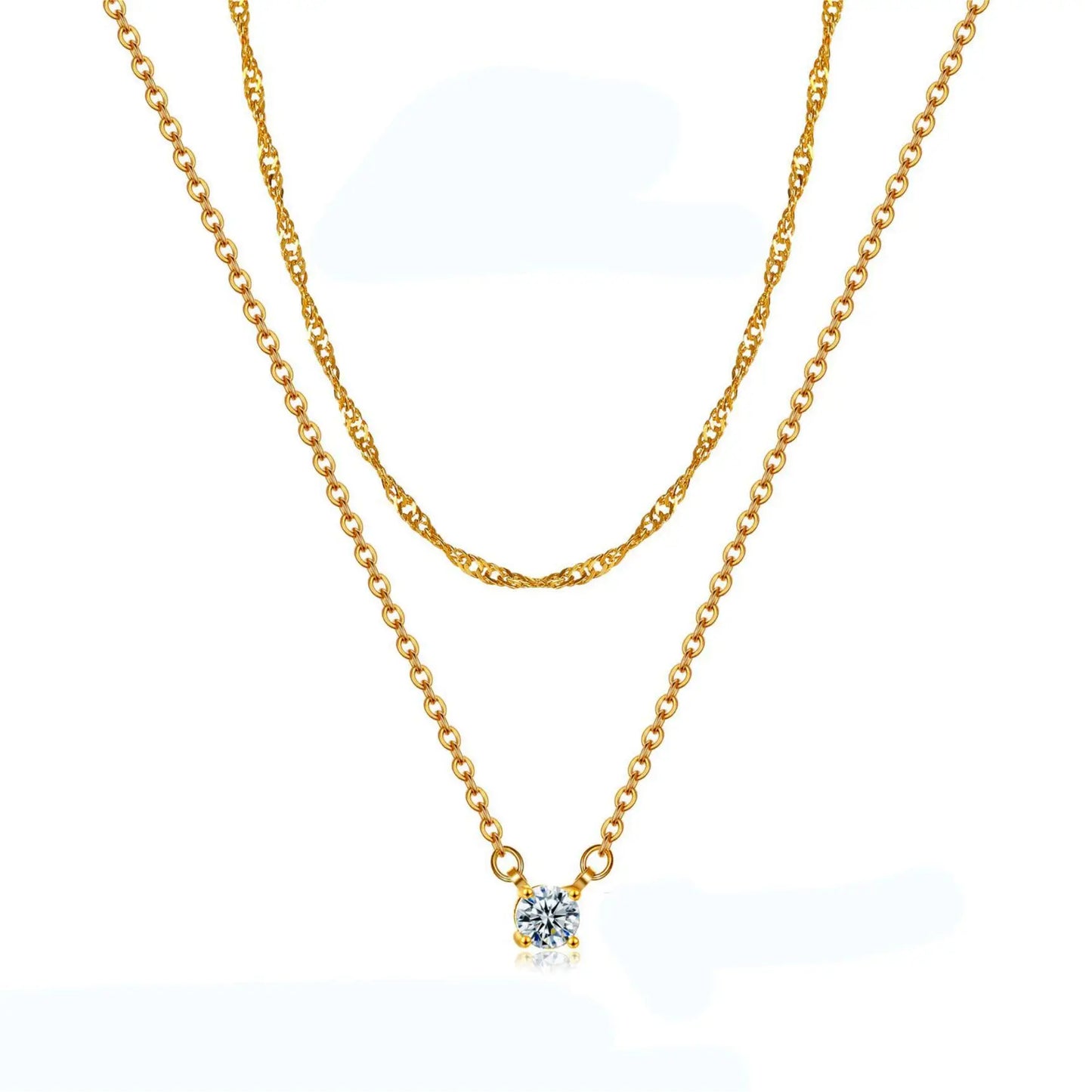 Simple Hypoallergenic Women's Necklace Stainless Steel Wave Cross Chain 14K Gold Plated Double Layer CZ Zircon Necklace