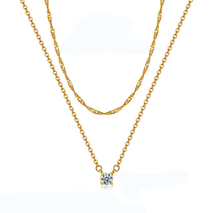 Simple Hypoallergenic Women's Necklace Stainless Steel Wave Cross Chain 14K Gold Plated Double Layer CZ Zircon Necklace