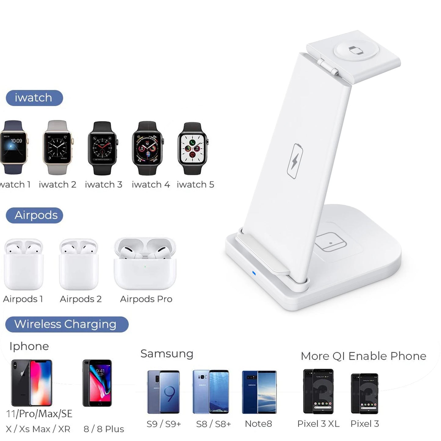Foldable Wireless Charger PD QC3.0 10W 5V/3A Output Custom 3-in-1 Fast Charging for Phones Watch Earphones Dropshipping