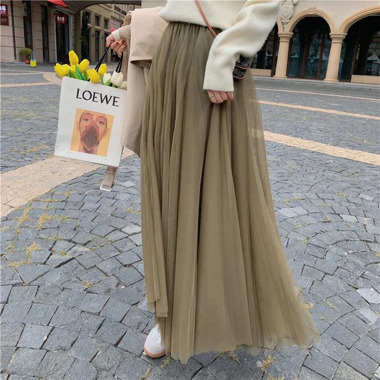 TingYiLi Elegant Tulle Skirt Autumn Winter Big Swing Women Skirt Korean Cute Pink Green Gray Blue Brown Black Long Skirt Tutu