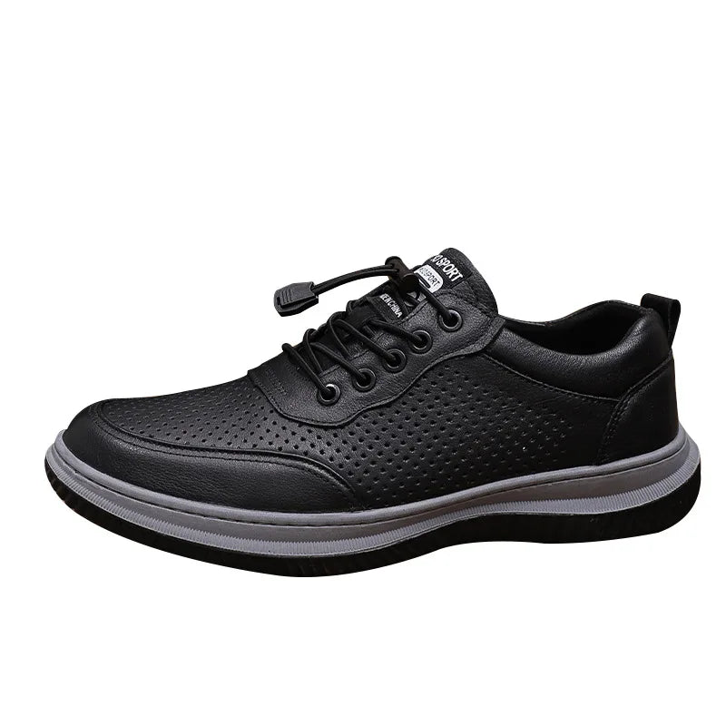 Men's Summer Breathable Leather Lace-up Round Toe Boat Shoes Solid Color EVA Midsole Rubber Outsole Casual Style